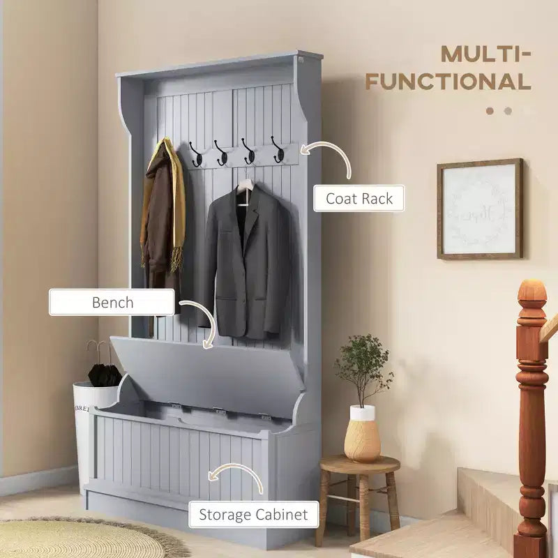 Okak 38IN Entryway Hall Tree with 5 Metal Hooks, Coat Tree with Shoe Storage and Top Door, Freestanding Coat Rack for Living Room, Entryway, Gray