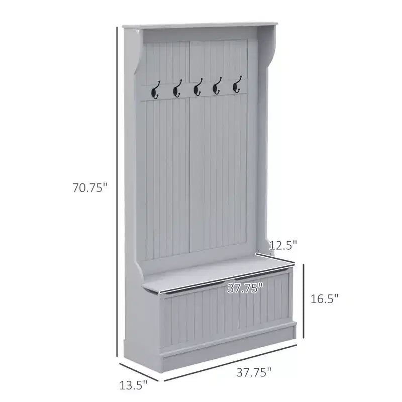 Okak 38IN Entryway Hall Tree with 5 Metal Hooks, Coat Tree with Shoe Storage and Top Door, Freestanding Coat Rack for Living Room, Entryway, Gray