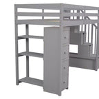 Whisen Twin size Wooden Loft Bed with Storage Drawers and Stairs, Shelves