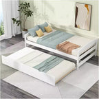 Wood Daybed with Trundle, Twin Size Platform Bed, Space-Saving Frame for Kids and Guests White One Size