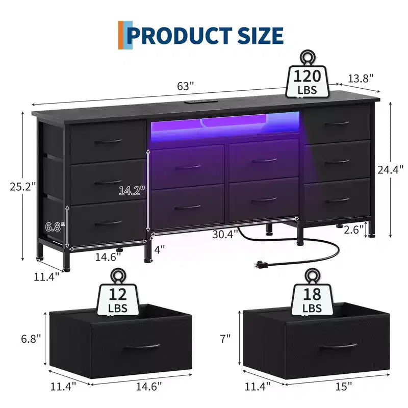 Long Dresser for Bedroom with 10 Fabric Drawers & Power Outlet & LED Light, Entertainment Center TV Stand Dresser for 65-75 TV