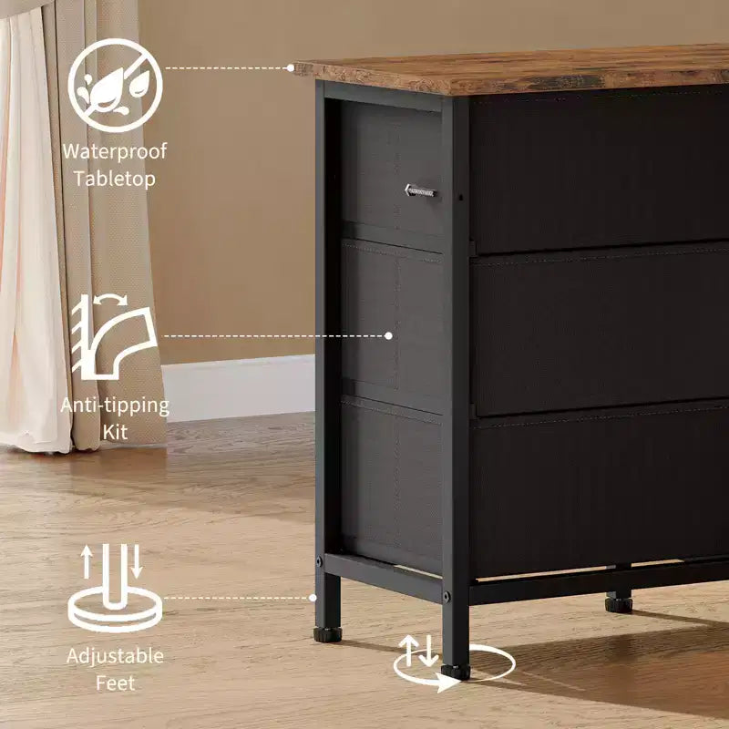 Long Dresser for Bedroom with 10 Fabric Drawers & Power Outlet & LED Light, Entertainment Center TV Stand Dresser for 65-75 TV