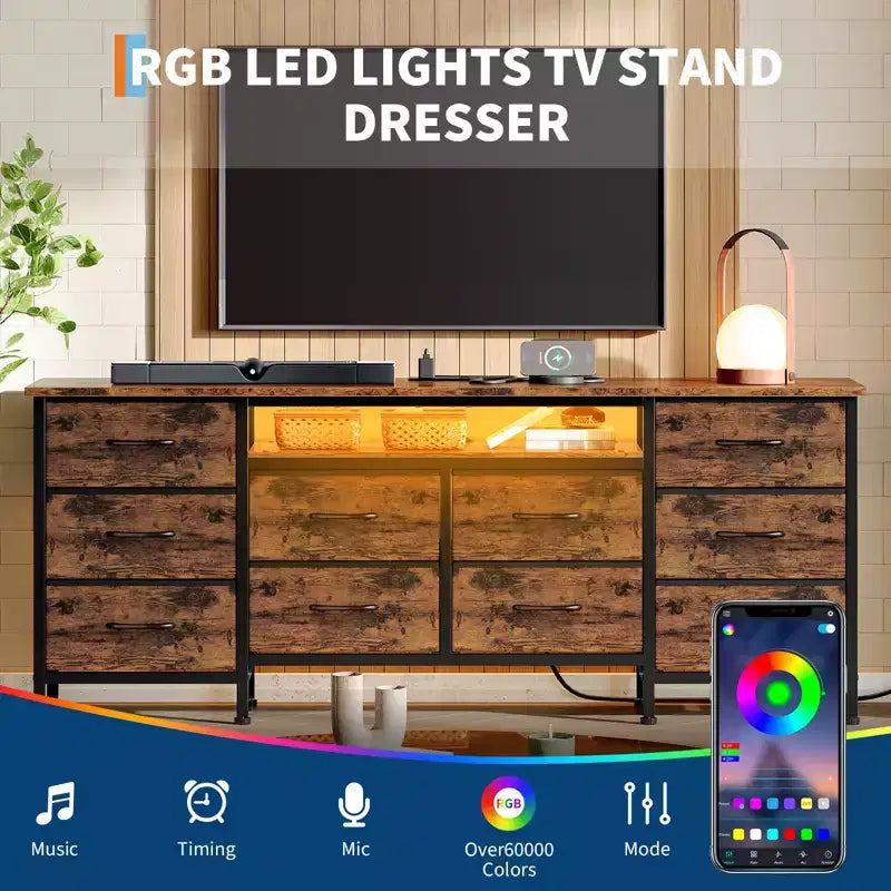 Long Dresser for Bedroom with 10 Fabric Drawers & Power Outlet & LED Light, Entertainment Center TV Stand Dresser for 65-75 TV