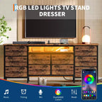 Long Dresser for Bedroom with 10 Fabric Drawers & Power Outlet & LED Light, Entertainment Center TV Stand Dresser for 65-75 TV