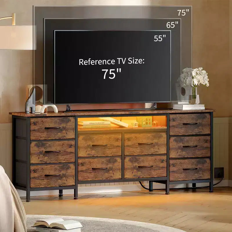 Long Dresser for Bedroom with 10 Fabric Drawers & Power Outlet & LED Light, Entertainment Center TV Stand Dresser for 65-75 TV