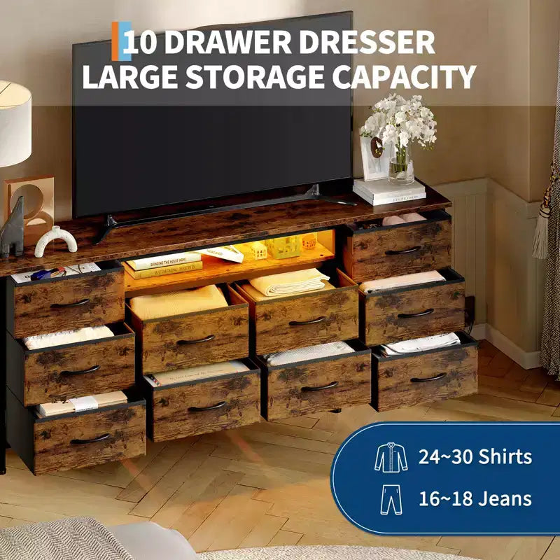 Long Dresser for Bedroom with 10 Fabric Drawers & Power Outlet & LED Light, Entertainment Center TV Stand Dresser for 65-75 TV