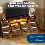 Long Dresser for Bedroom with 10 Fabric Drawers & Power Outlet & LED Light, Entertainment Center TV Stand Dresser for 65-75 TV