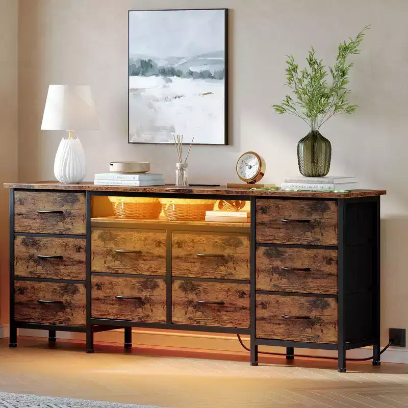Long Dresser for Bedroom with 10 Fabric Drawers & Power Outlet & LED Light, Entertainment Center TV Stand Dresser for 65-75 TV