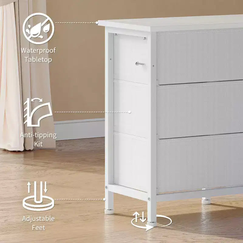 Long Dresser for Bedroom with 10 Fabric Drawers & Power Outlet & LED Light, Entertainment Center TV Stand Dresser for 65-75 TV