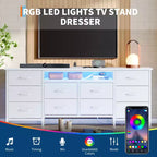 Long Dresser for Bedroom with 10 Fabric Drawers & Power Outlet & LED Light, Entertainment Center TV Stand Dresser for 65-75 TV
