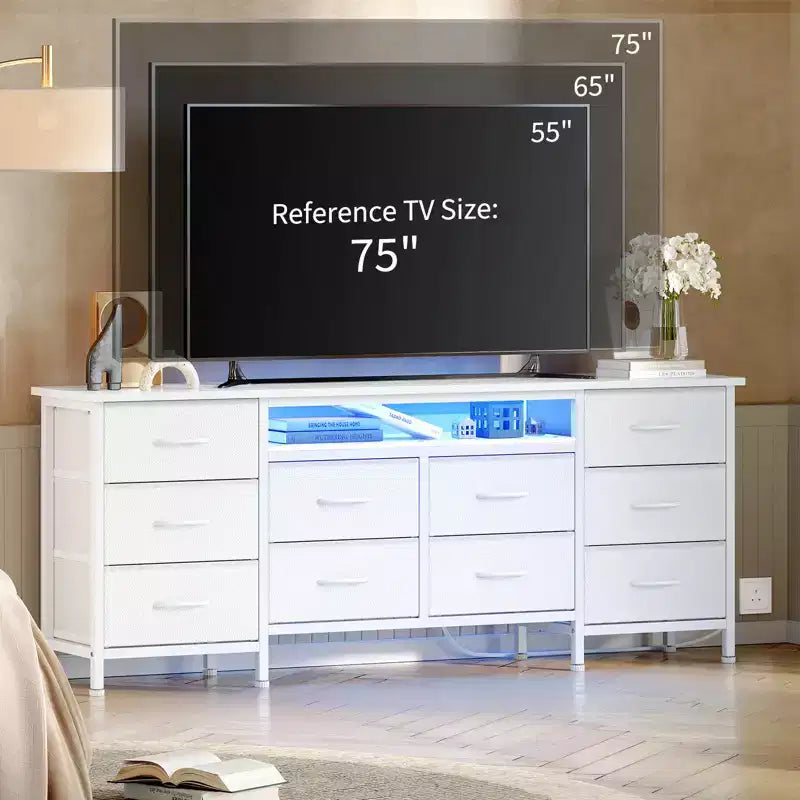 Long Dresser for Bedroom with 10 Fabric Drawers & Power Outlet & LED Light, Entertainment Center TV Stand Dresser for 65-75 TV