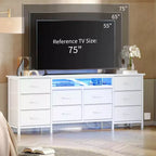 Long Dresser for Bedroom with 10 Fabric Drawers & Power Outlet & LED Light, Entertainment Center TV Stand Dresser for 65-75 TV