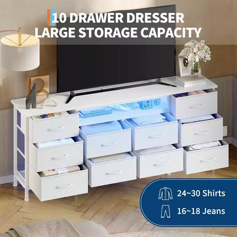 Long Dresser for Bedroom with 10 Fabric Drawers & Power Outlet & LED Light, Entertainment Center TV Stand Dresser for 65-75 TV