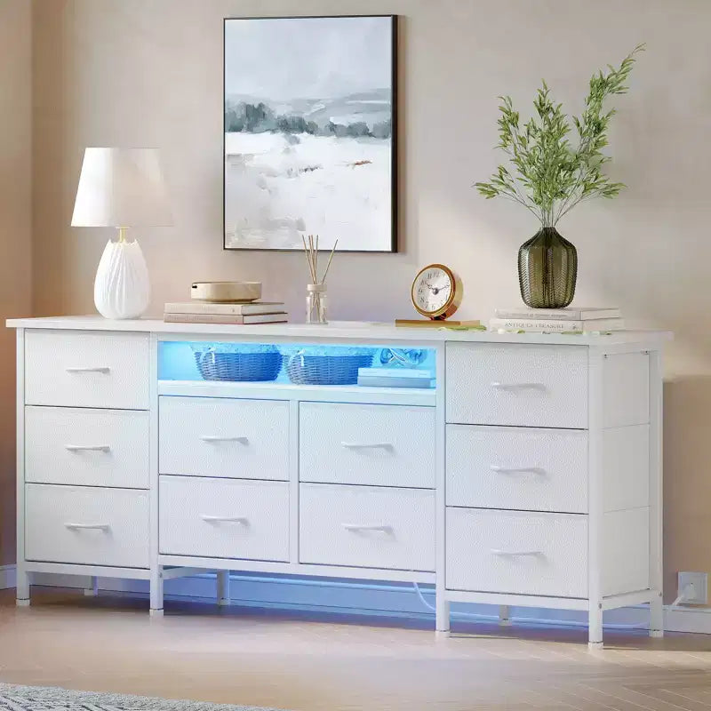 Long Dresser for Bedroom with 10 Fabric Drawers & Power Outlet & LED Light, Entertainment Center TV Stand Dresser for 65-75 TV