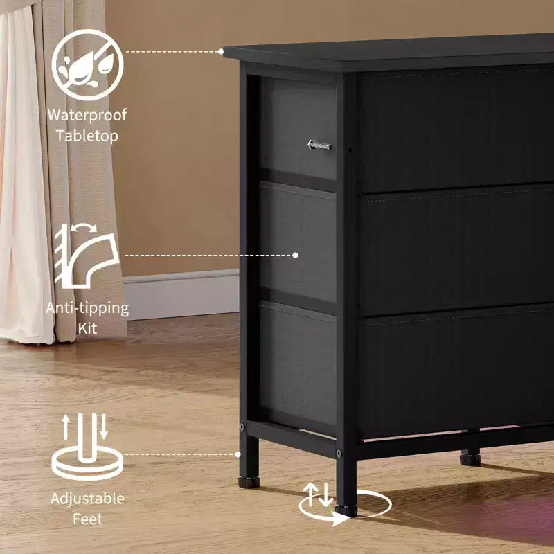Long Dresser for Bedroom with 10 Fabric Drawers & Power Outlet & LED Light, Entertainment Center TV Stand Dresser for 65-75 TV