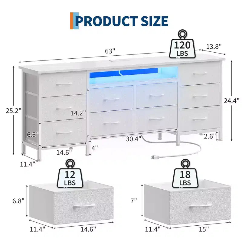 Long Dresser for Bedroom with 10 Fabric Drawers & Power Outlet & LED Light, Entertainment Center TV Stand Dresser for 65-75 TV