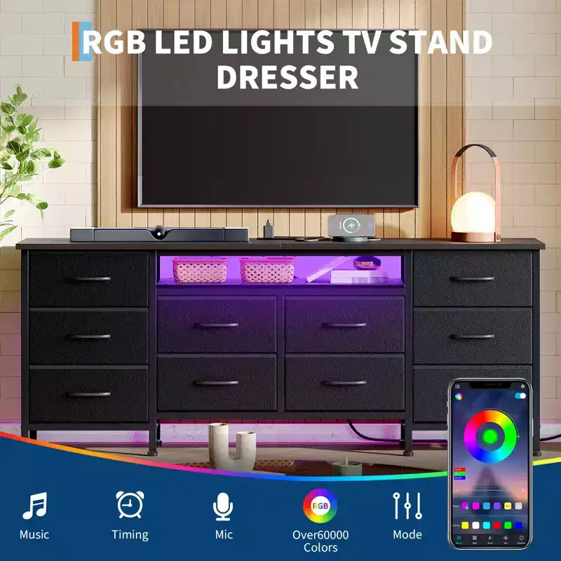 Long Dresser for Bedroom with 10 Fabric Drawers & Power Outlet & LED Light, Entertainment Center TV Stand Dresser for 65-75 TV
