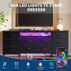 Long Dresser for Bedroom with 10 Fabric Drawers & Power Outlet & LED Light, Entertainment Center TV Stand Dresser for 65-75 TV