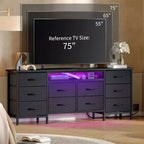 Long Dresser for Bedroom with 10 Fabric Drawers & Power Outlet & LED Light, Entertainment Center TV Stand Dresser for 65-75 TV