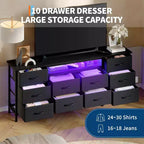 Long Dresser for Bedroom with 10 Fabric Drawers & Power Outlet & LED Light, Entertainment Center TV Stand Dresser for 65-75 TV