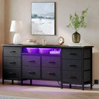 Long Dresser for Bedroom with 10 Fabric Drawers & Power Outlet & LED Light, Entertainment Center TV Stand Dresser for 65-75 TV