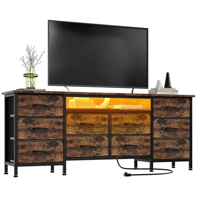 Long Dresser for Bedroom with 10 Fabric Drawers & Power Outlet & LED Light, Entertainment Center TV Stand Dresser for 65-75 TV