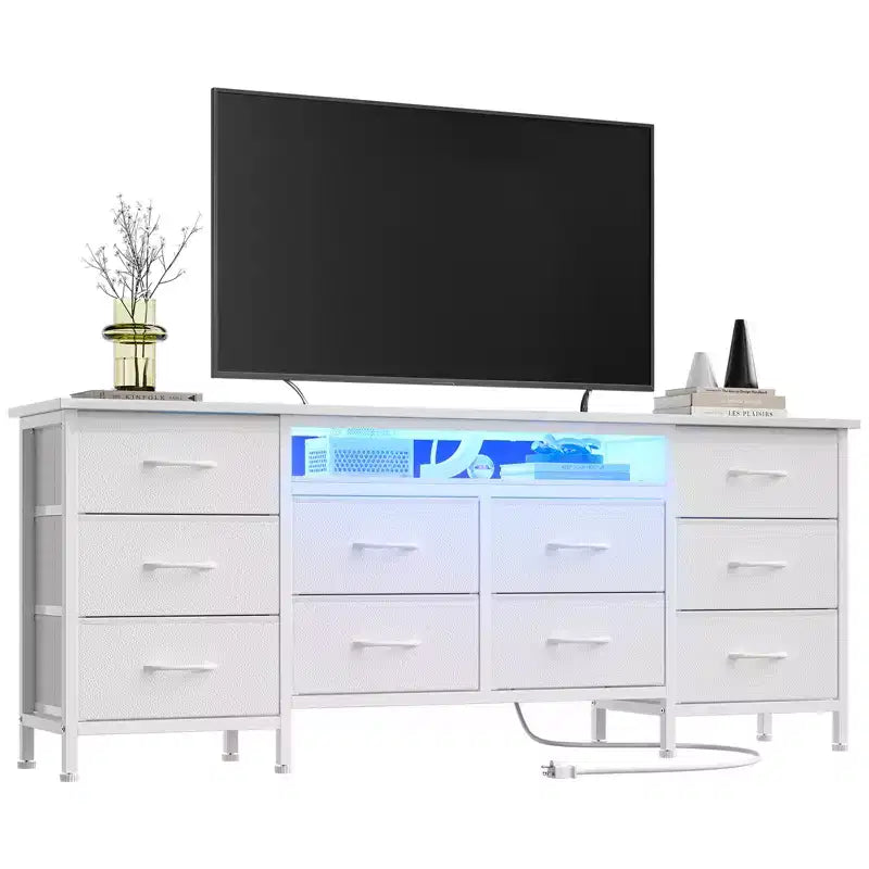 Long Dresser for Bedroom with 10 Fabric Drawers & Power Outlet & LED Light, Entertainment Center TV Stand Dresser for 65-75 TV