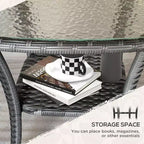 Outdoor Coffee Table with Storage Shelf, Hand-Woven Wicker Side Table with Water-Ripple Glass Top