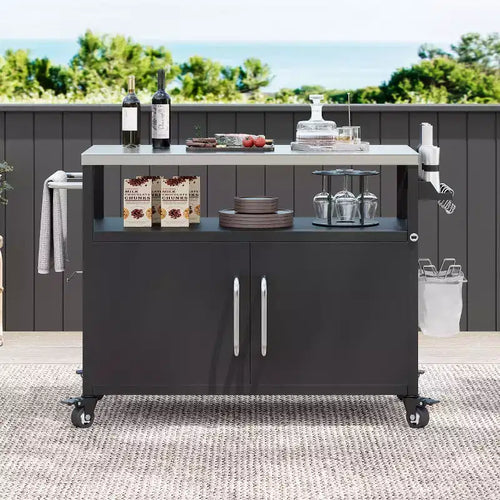 54.5 inch Outdoor Kitchen Island with Stainless Steel Tabletop, Outdoor Bar Cart with 4 Lockable Wheels for Outside BBQ