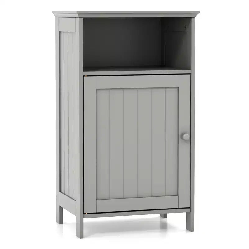 Costway Bathroom Floor Cabinet Single Door Side Cabinet w/ Open Compartment & 3-Position Adjustable Shelf White/Grey
