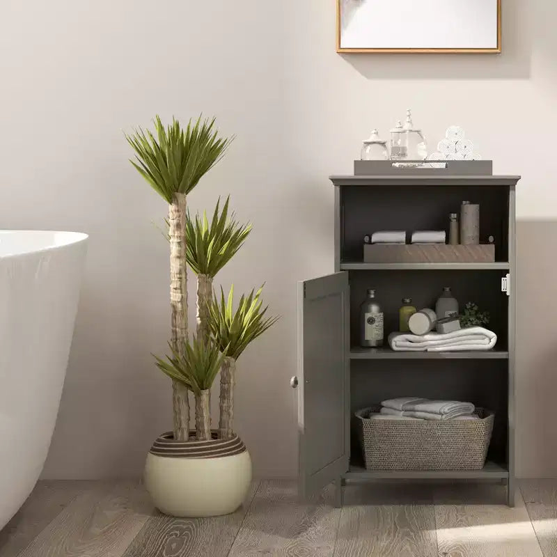 Costway Bathroom Floor Cabinet Single Door Side Cabinet w/ Open Compartment & 3-Position Adjustable Shelf White/Grey