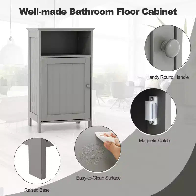 Costway Bathroom Floor Cabinet Single Door Side Cabinet w/ Open Compartment & 3-Position Adjustable Shelf White/Grey