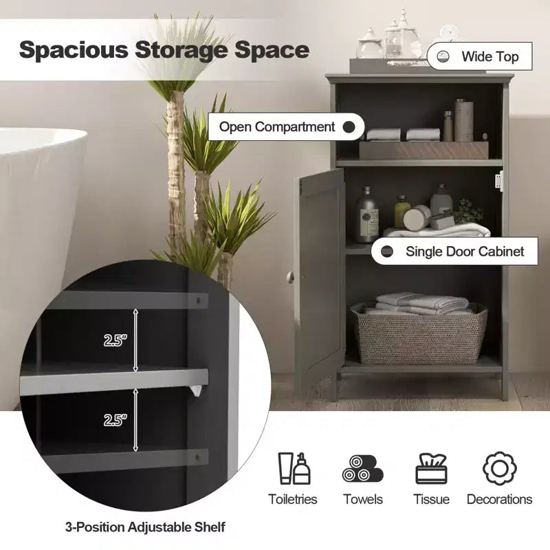Costway Bathroom Floor Cabinet Single Door Side Cabinet w/ Open Compartment & 3-Position Adjustable Shelf White/Grey
