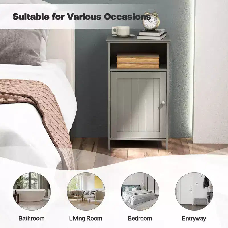 Costway Bathroom Floor Cabinet Single Door Side Cabinet w/ Open Compartment & 3-Position Adjustable Shelf White/Grey
