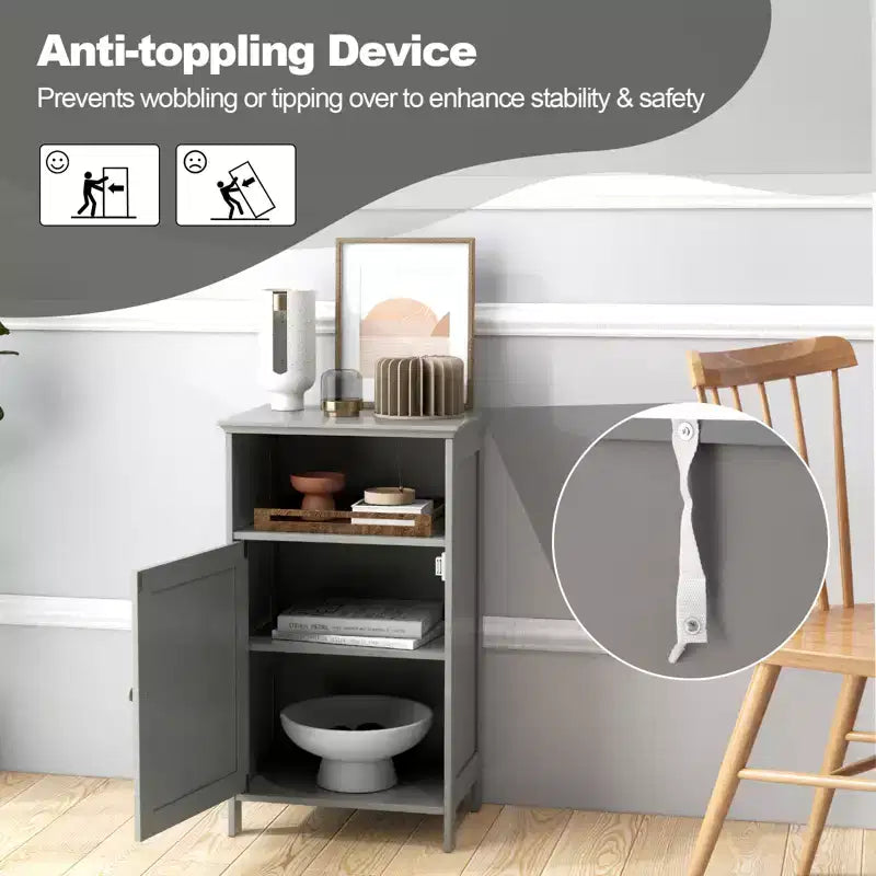 Costway Bathroom Floor Cabinet Single Door Side Cabinet w/ Open Compartment & 3-Position Adjustable Shelf White/Grey
