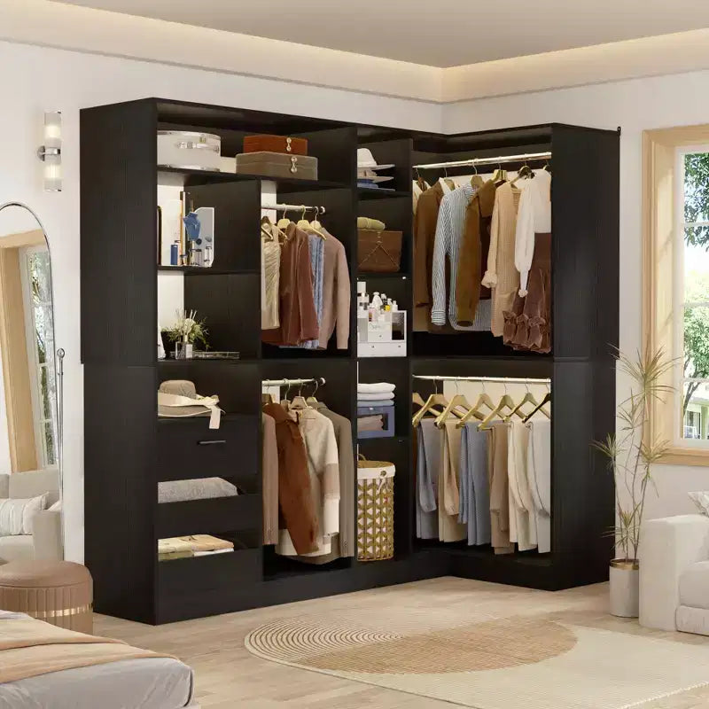 Besiost Set of 2 Corner Closet System with Tower Shelves, Freestanding Closet Organizer with Drawers