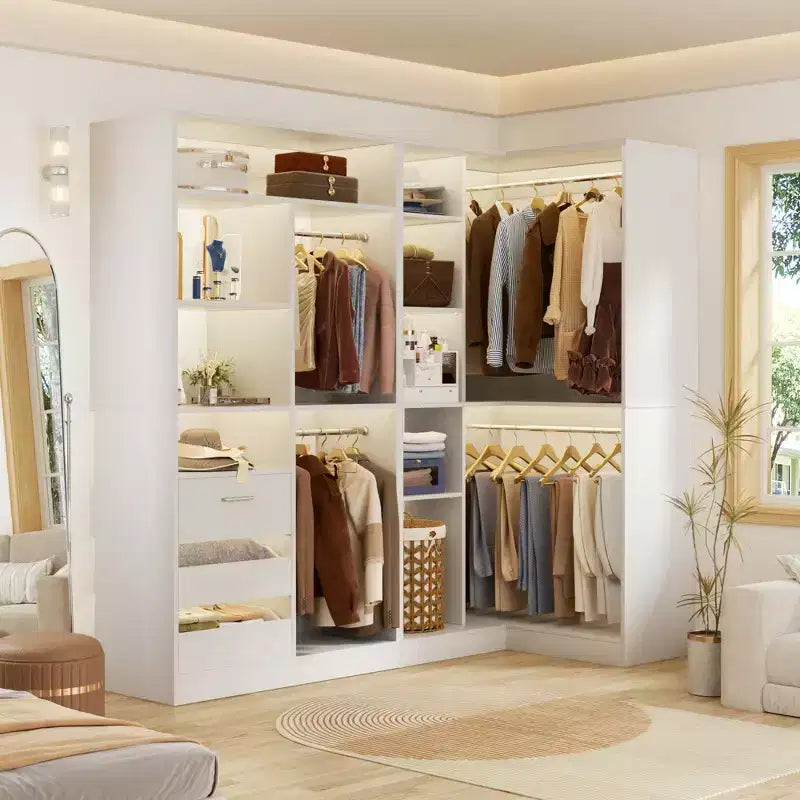 Besiost Set of 2 Corner Closet System with Tower Shelves, Freestanding Closet Organizer with Drawers