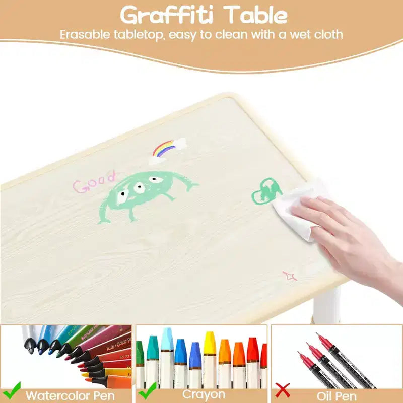 Height Adjustable Kids Table & 2 Chairs Set - Graffiti Desktop, Non-Slip Design - Perfect for Toddlers in Home Daycare & Preschool