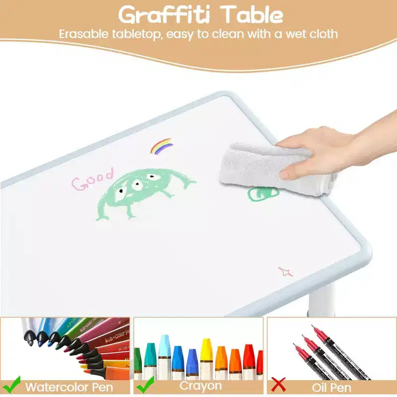 Height Adjustable Kids Table & 2 Chairs Set - Graffiti Desktop, Non-Slip Design - Perfect for Toddlers in Home Daycare & Preschool