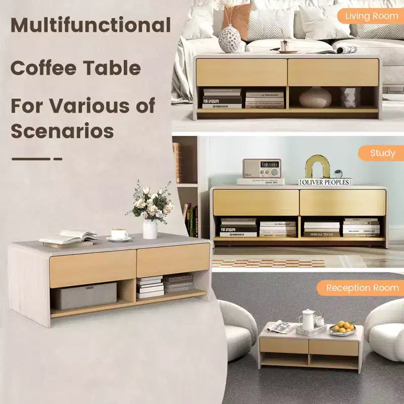 Costway Home Coffee Table w/ 2 Drawers & 2 Storage Shelf Rectangle Table Cocktail Table