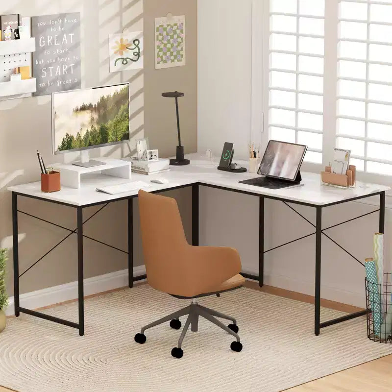 Costway L-Shaped Computer Desk with Power Outlets 95 Long 2-Person Desk with Monitor Shelf Modern Corner Desk Gaming Table with USB Ports White