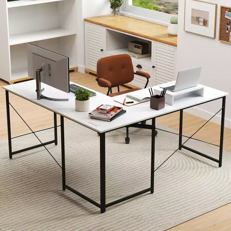 Costway L-Shaped Computer Desk with Power Outlets 95 Long 2-Person Desk with Monitor Shelf Modern Corner Desk Gaming Table with USB Ports White