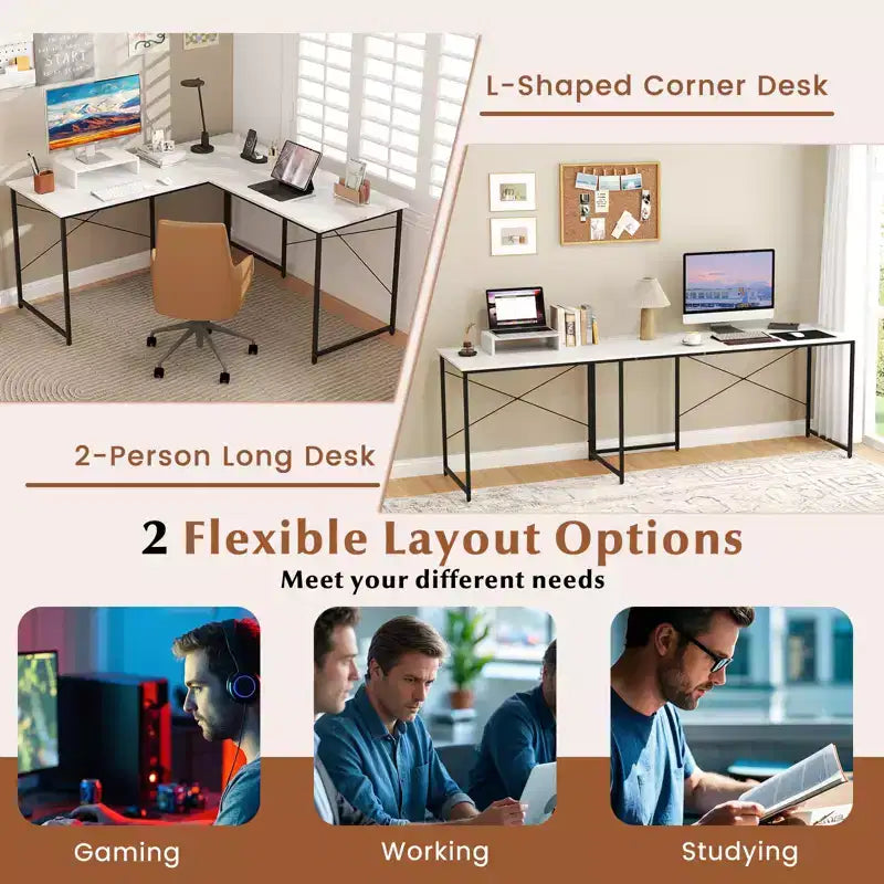 Costway L-Shaped Computer Desk with Power Outlets 95 Long 2-Person Desk with Monitor Shelf Modern Corner Desk Gaming Table with USB Ports White