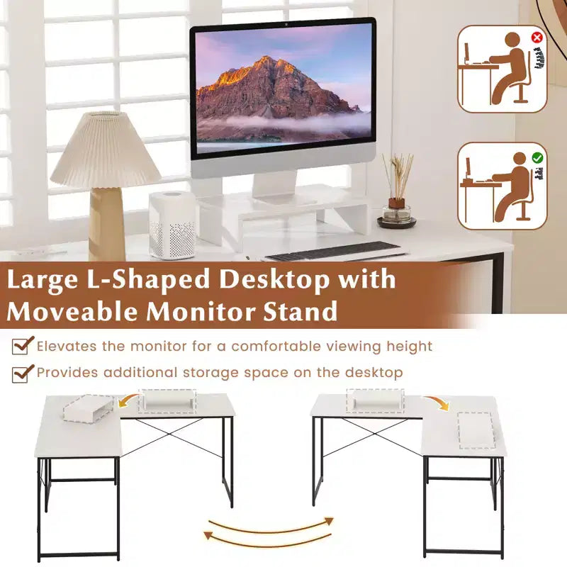 Costway L-Shaped Computer Desk with Power Outlets 95 Long 2-Person Desk with Monitor Shelf Modern Corner Desk Gaming Table with USB Ports White
