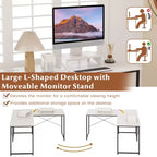 Costway L-Shaped Computer Desk with Power Outlets 95 Long 2-Person Desk with Monitor Shelf Modern Corner Desk Gaming Table with USB Ports White