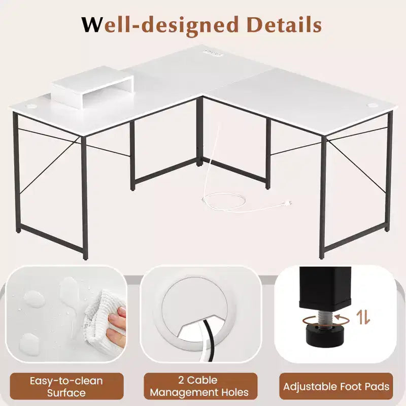 Costway L-Shaped Computer Desk with Power Outlets 95 Long 2-Person Desk with Monitor Shelf Modern Corner Desk Gaming Table with USB Ports White