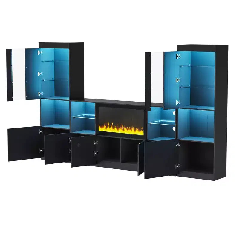 Modern TV Stand with LED Lights for 75 inch TV, Media Console Table with Tempered Glass Shelves and Non-heating Fireplace
