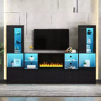 Modern TV Stand with LED Lights for 75 inch TV, Media Console Table with Tempered Glass Shelves and Non-heating Fireplace