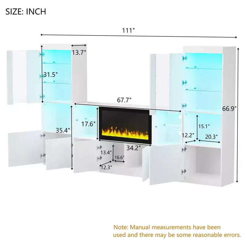 Modern TV Stand with LED Lights for 75 inch TV, Media Console Table with Tempered Glass Shelves and Non-heating Fireplace