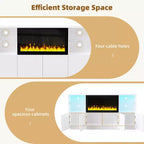 Modern TV Stand with LED Lights for 75 inch TV, Media Console Table with Tempered Glass Shelves and Non-heating Fireplace